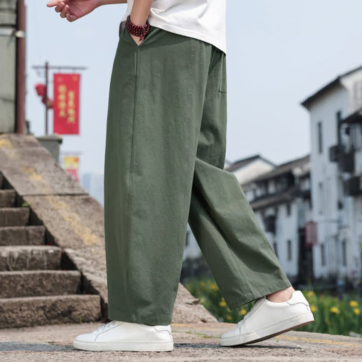 Buddha Stones 夏物カジュアルミニマリストドローストリング無地コットンロングパンツメンズハーレムパンツポケット付き - image 30