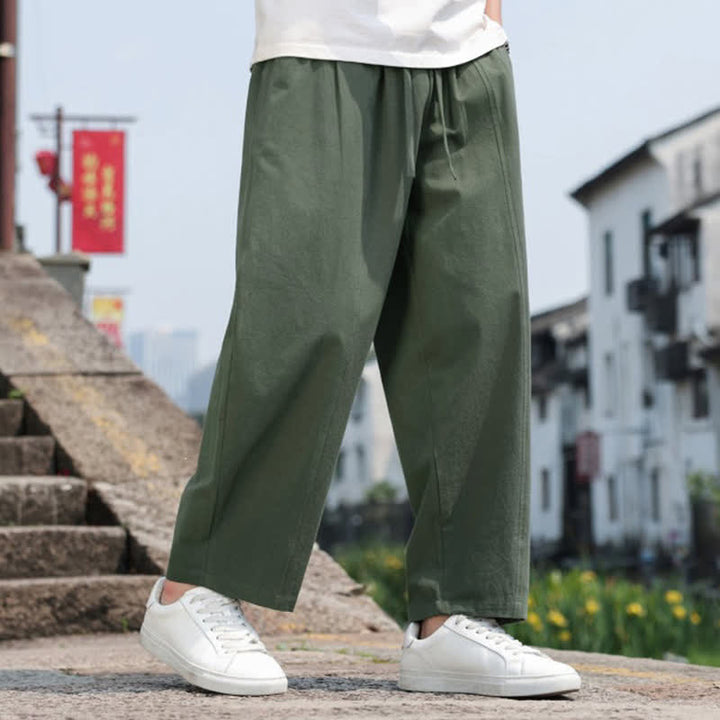Buddha Stones 夏物カジュアルミニマリストドローストリング無地コットンロングパンツメンズハーレムパンツポケット付き - image 24