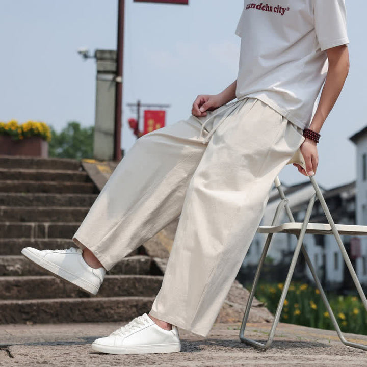 Buddha Stones 夏物カジュアルミニマリストドローストリング無地コットンロングパンツメンズハーレムパンツポケット付き - image 38