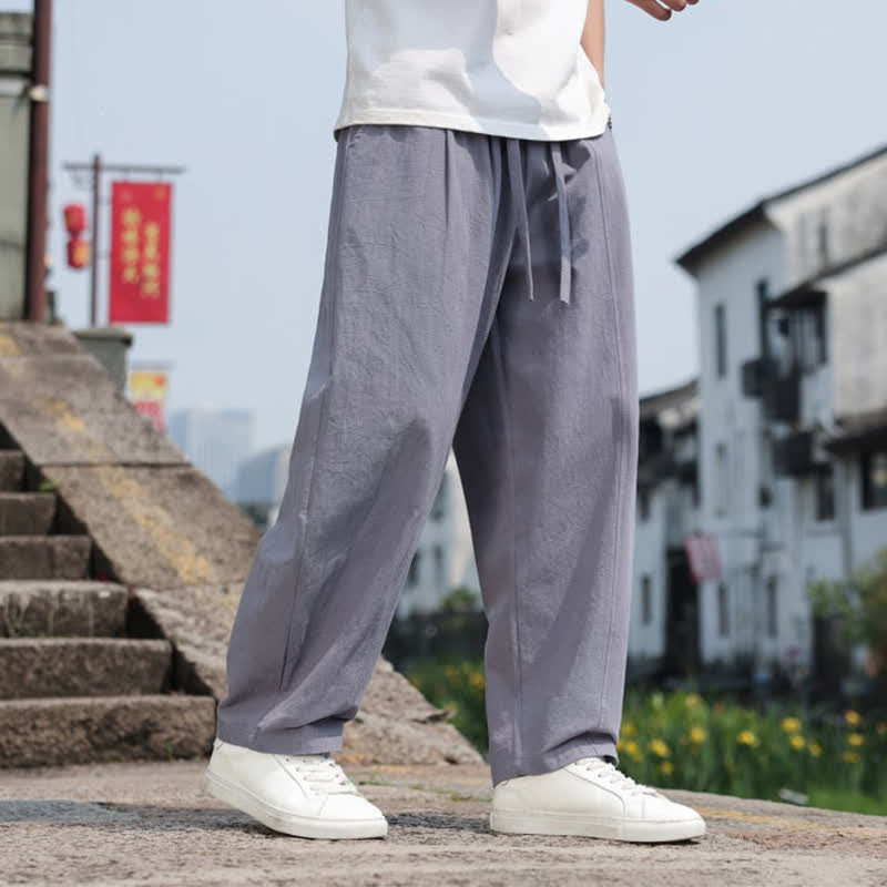 Buddha Stones 夏物カジュアルミニマリストドローストリング無地コットンロングパンツメンズハーレムパンツポケット付き - image 7