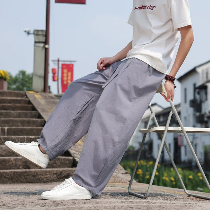 Buddha Stones 夏物カジュアルミニマリストドローストリング無地コットンロングパンツメンズハーレムパンツポケット付き - image 8