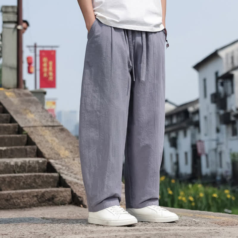 Buddha Stones 夏物カジュアルミニマリストドローストリング無地コットンロングパンツメンズハーレムパンツポケット付き - image 3