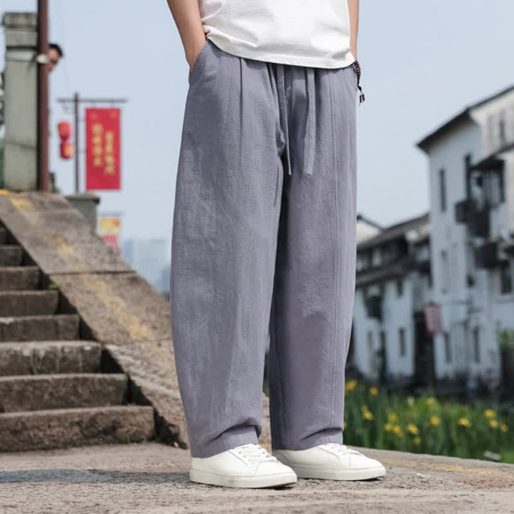 Buddha Stones 夏物カジュアルミニマリストドローストリング無地コットンロングパンツメンズハーレムパンツポケット付き - image 3