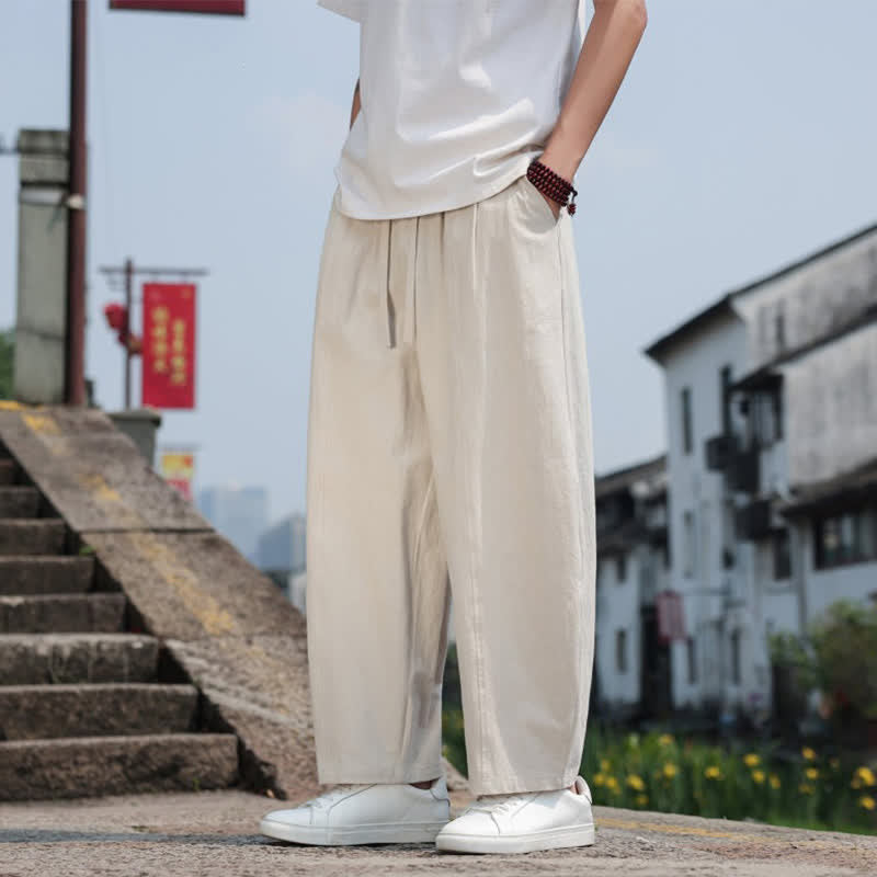 Buddha Stones 夏物カジュアルミニマリストドローストリング無地コットンロングパンツメンズハーレムパンツポケット付き - image 34