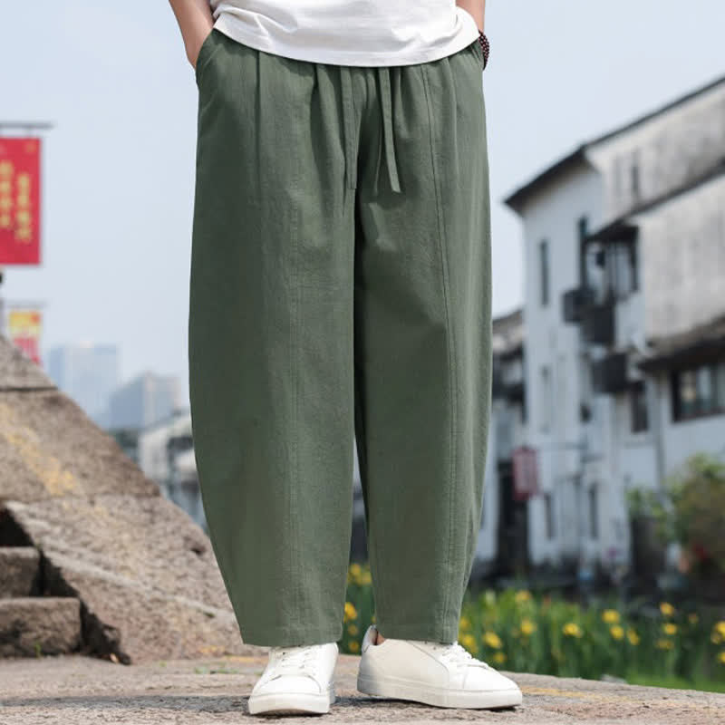Buddha Stones 夏物カジュアルミニマリストドローストリング無地コットンロングパンツメンズハーレムパンツポケット付き - image 28