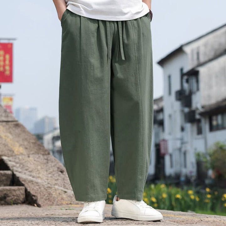 Buddha Stones 夏物カジュアルミニマリストドローストリング無地コットンロングパンツメンズハーレムパンツポケット付き - image 28