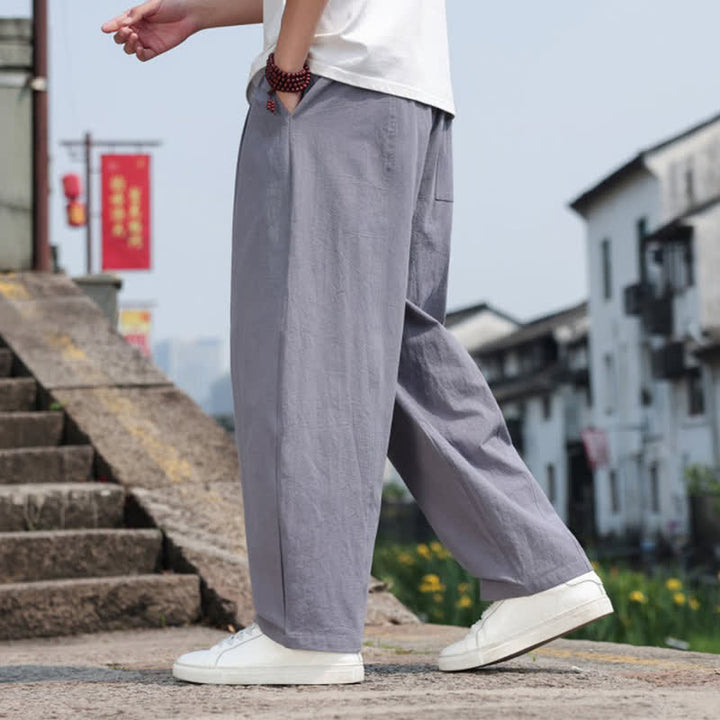 Buddha Stones 夏物カジュアルミニマリストドローストリング無地コットンロングパンツメンズハーレムパンツポケット付き - image 4