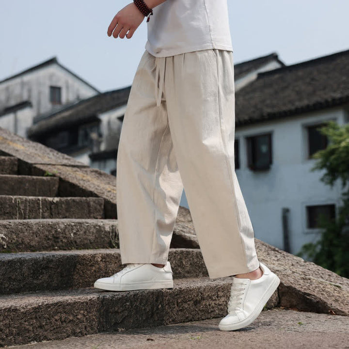 Buddha Stones 夏物カジュアルミニマリストドローストリング無地コットンロングパンツメンズハーレムパンツポケット付き - image 36