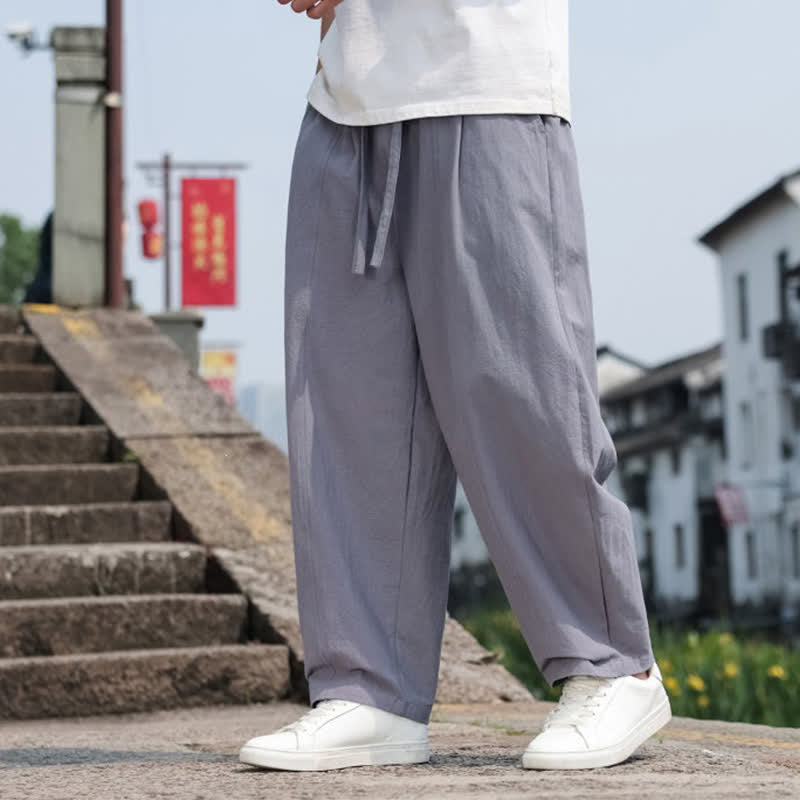 Buddha Stones 夏物カジュアルミニマリストドローストリング無地コットンロングパンツメンズハーレムパンツポケット付き - image 6
