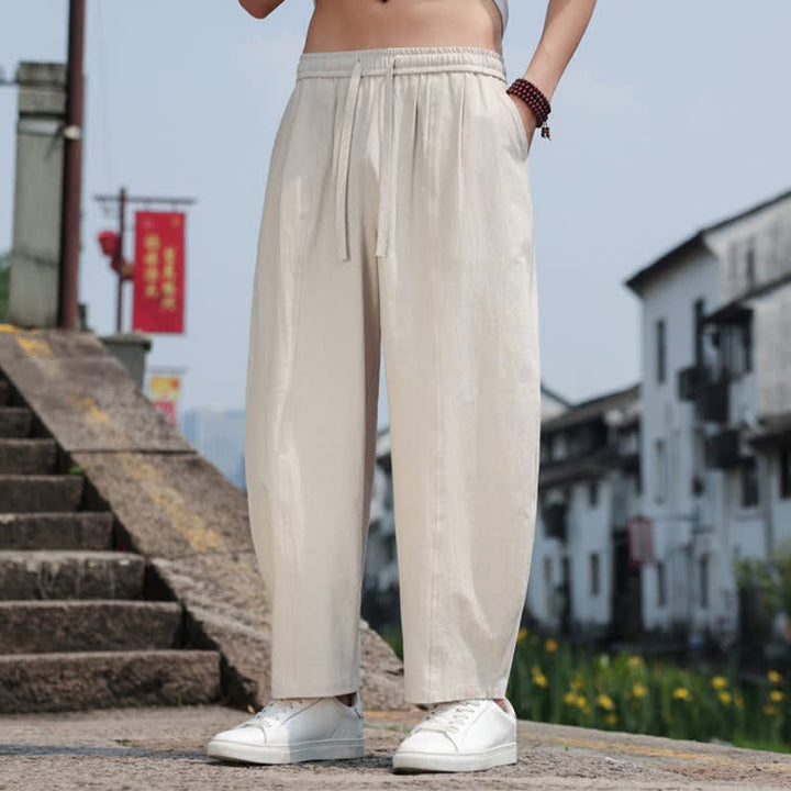 Buddha Stones 夏物カジュアルミニマリストドローストリング無地コットンロングパンツメンズハーレムパンツポケット付き - image 35