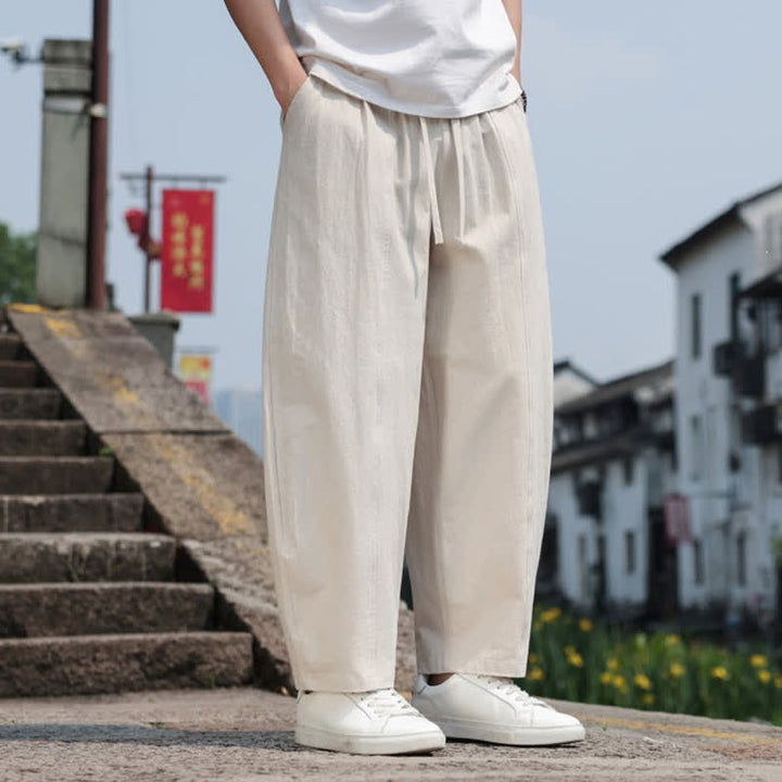 Buddha Stones 夏物カジュアルミニマリストドローストリング無地コットンロングパンツメンズハーレムパンツポケット付き - image 33