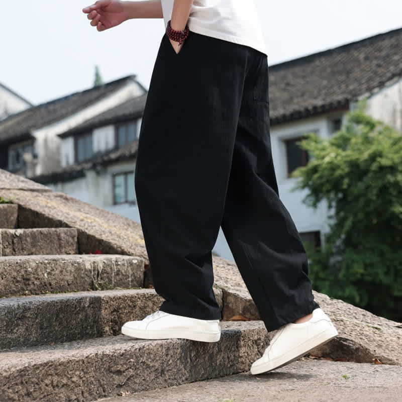 Buddha Stones 夏物カジュアルミニマリストドローストリング無地コットンロングパンツメンズハーレムパンツポケット付き - image 17