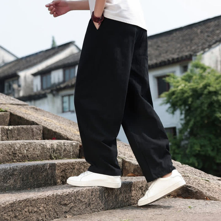 Buddha Stones 夏物カジュアルミニマリストドローストリング無地コットンロングパンツメンズハーレムパンツポケット付き - image 17