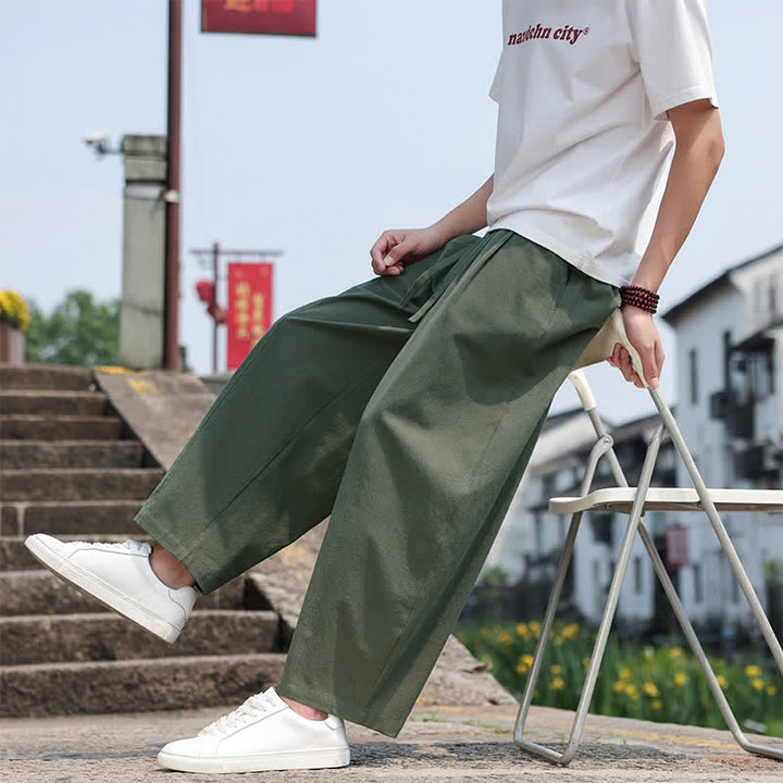 Buddha Stones 夏物カジュアルミニマリストドローストリング無地コットンロングパンツメンズハーレムパンツポケット付き - image 31