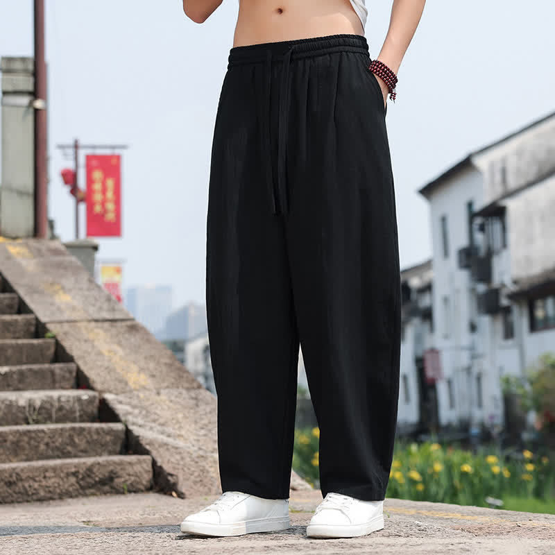 Buddha Stones 夏物カジュアルミニマリストドローストリング無地コットンロングパンツメンズハーレムパンツポケット付き - image 19