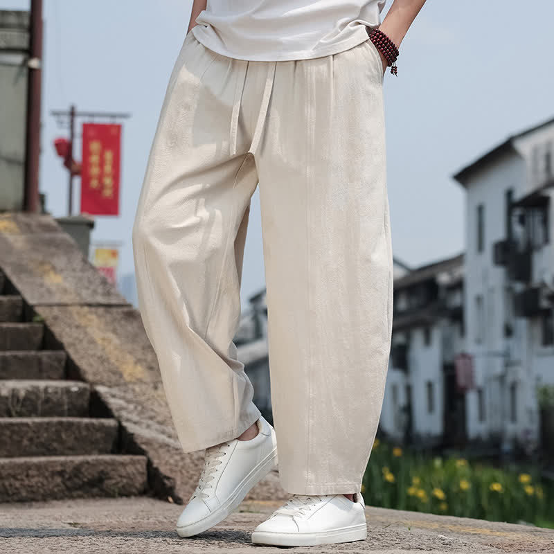 Buddha Stones 夏物カジュアルミニマリストドローストリング無地コットンロングパンツメンズハーレムパンツポケット付き - image 37
