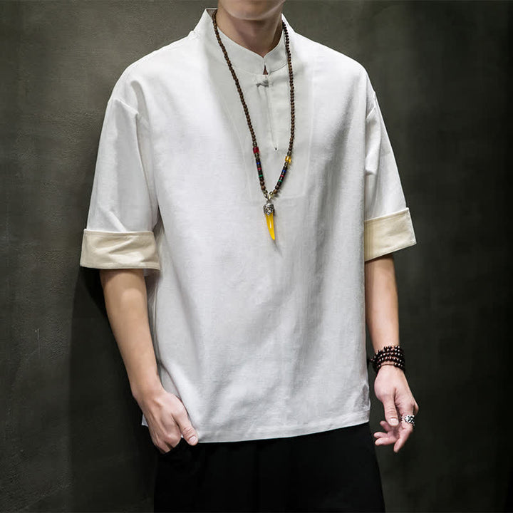 Buddha Stones 夏物 唐風 マンダリンカラー 無地 メンズ 半袖シャツ - 白 - US/UK/AU46, EU56 （5XL） - image 14
