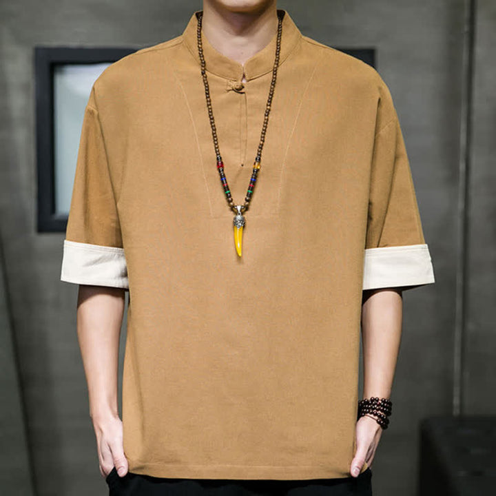 Buddha Stones 夏物 唐風 マンダリンカラー 無地 メンズ 半袖シャツ - ペルー - US/UK/AU46, EU56 （5XL） - image 10