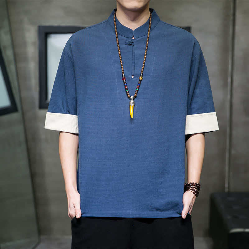 Buddha Stones 夏物 唐風 マンダリンカラー 無地 メンズ 半袖シャツ - スチールブルー - US/UK/AU46, EU56 （5XL） - image 0