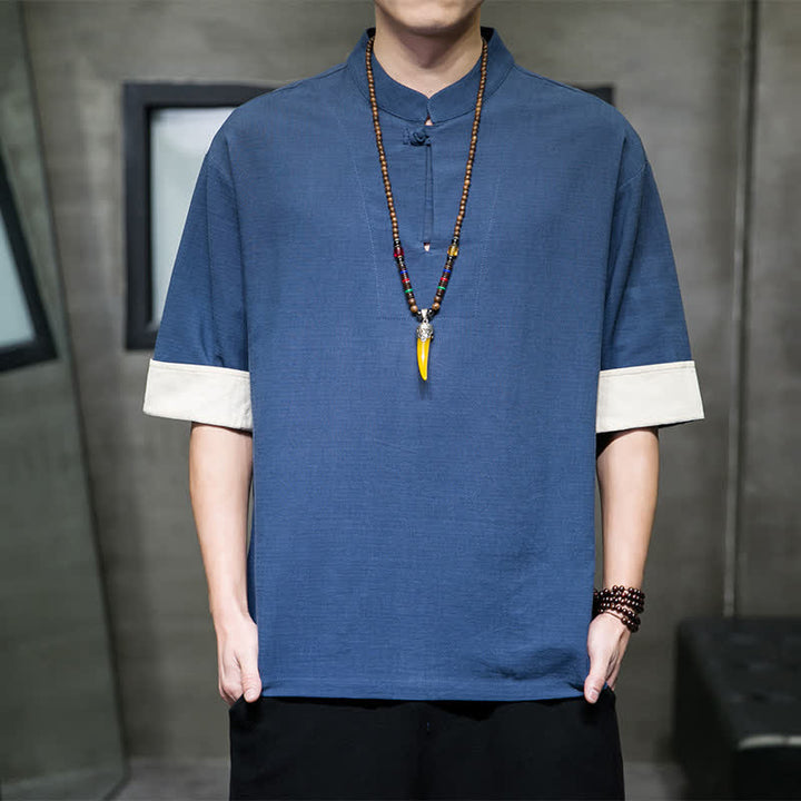 Buddha Stones 夏物 唐風 マンダリンカラー 無地 メンズ 半袖シャツ - スチールブルー - US/UK/AU46, EU56 （5XL） - image 0