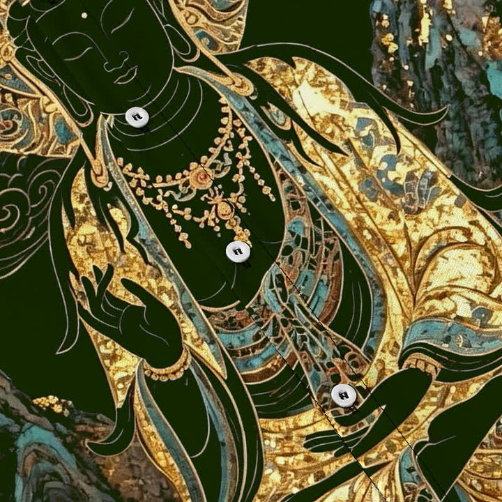 Buddha Stones 金色の仏陀雲模様ボタン付き、しわになりにくいメンズ半袖シャツ - image 8