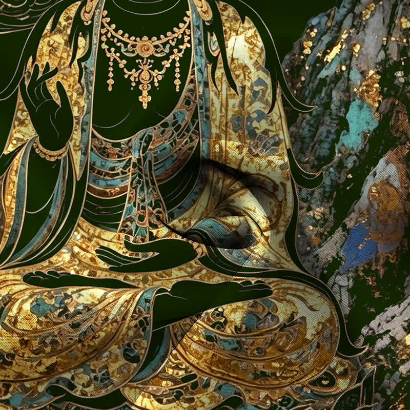 Buddha Stones 金色の仏陀雲模様ボタン付き、しわになりにくいメンズ半袖シャツ - image 9