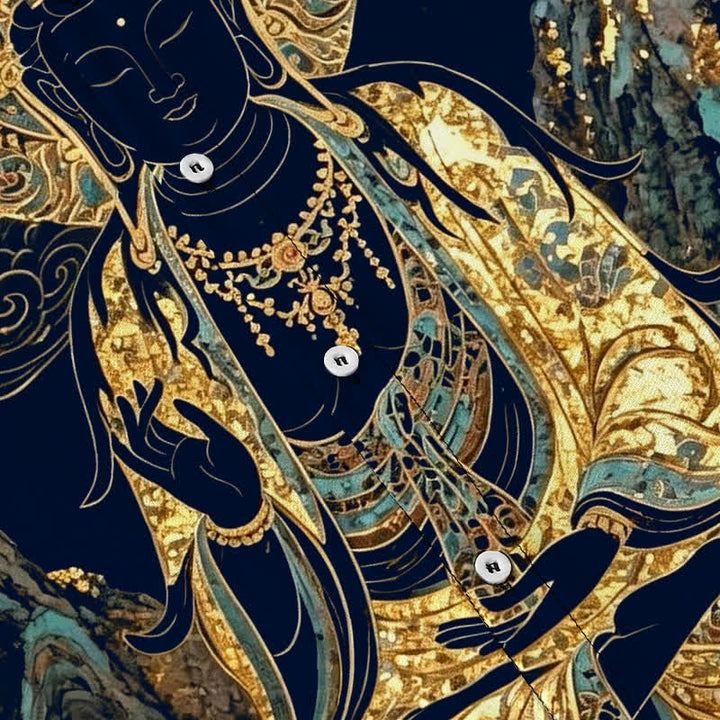 Buddha Stones 金色の仏陀雲模様ボタン付き、しわになりにくいメンズ半袖シャツ - image 13