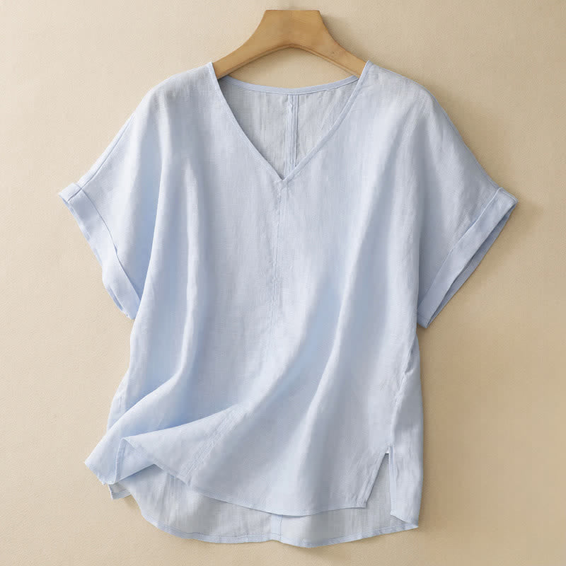 Buddha Stones 夏物カジュアルミニマルサイドスリット無地Vネックレディース半袖Tシャツ - パウダーブルー - US8-10, UK/AU12-14, EU40-42 （2XL） - image 0