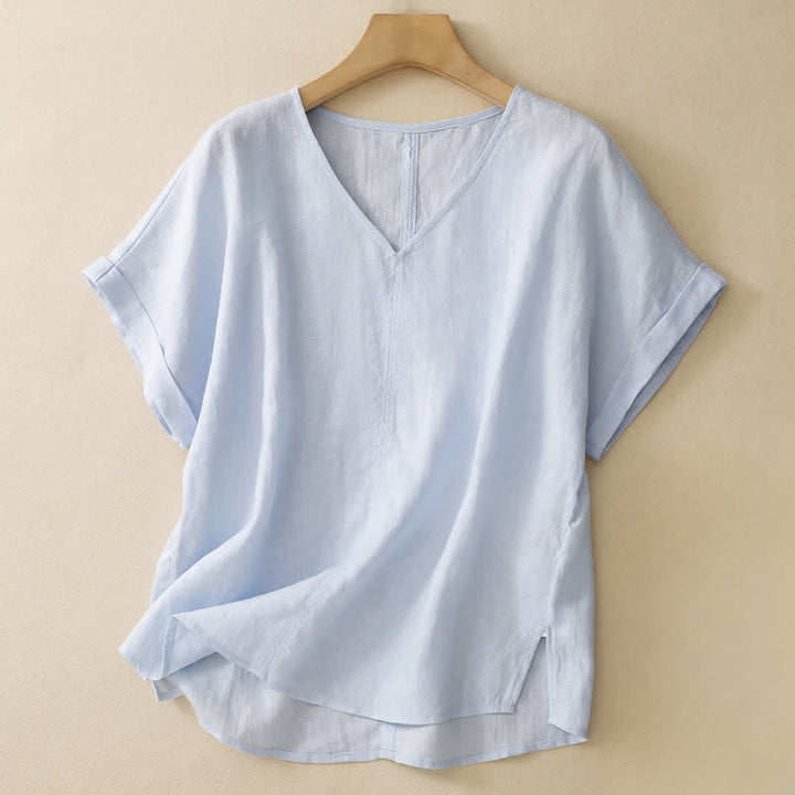 Buddha Stones 夏物カジュアルミニマルサイドスリット無地Vネックレディース半袖Tシャツ - パウダーブルー - US8-10, UK/AU12-14, EU40-42 （2XL） - image 0