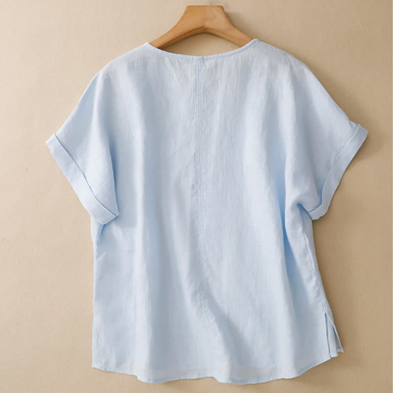 Buddha Stones 夏物カジュアルミニマルサイドスリット無地Vネックレディース半袖Tシャツ - image 1