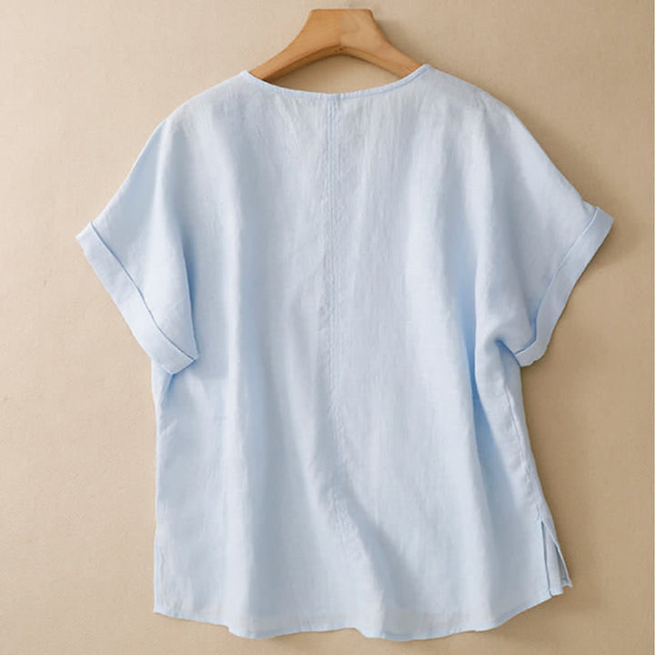 Buddha Stones 夏物カジュアルミニマルサイドスリット無地Vネックレディース半袖Tシャツ - image 1