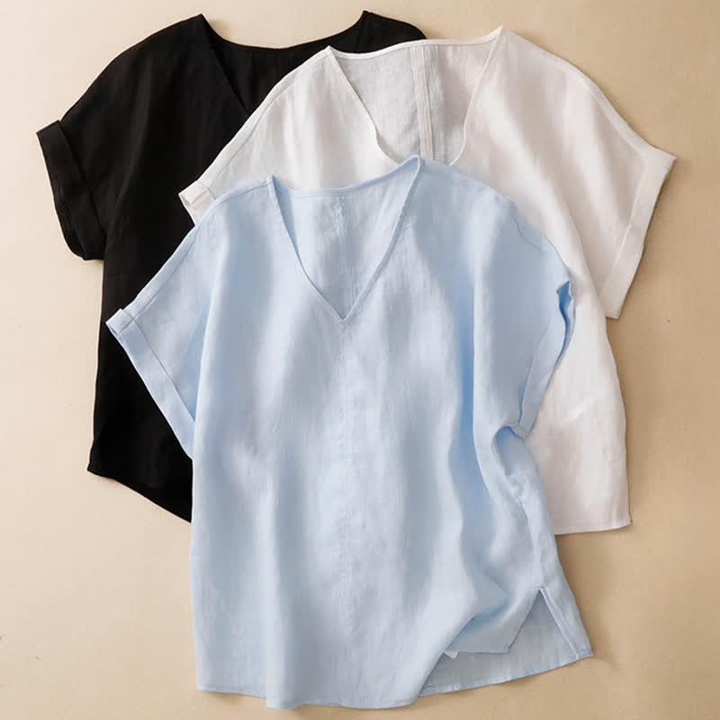 Buddha Stones 夏物カジュアルミニマルサイドスリット無地Vネックレディース半袖Tシャツ - image 18