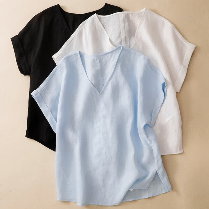 Buddha Stones 夏物カジュアルミニマルサイドスリット無地Vネックレディース半袖Tシャツ - image 18