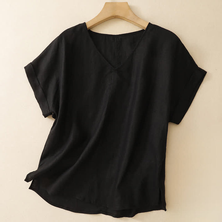 Buddha Stones 夏物カジュアルミニマルサイドスリット無地Vネックレディース半袖Tシャツ - 黒 - US8-10, UK/AU12-14, EU40-42 （2XL） - image 9