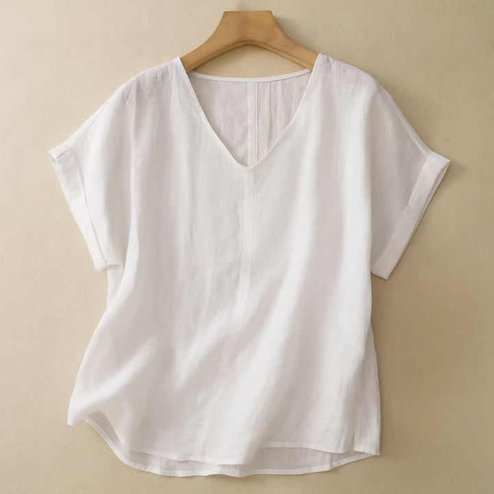 Buddha Stones 夏物カジュアルミニマルサイドスリット無地Vネックレディース半袖Tシャツ - 白 - US8-10, UK/AU12-14, EU40-42 （2XL） - image 14