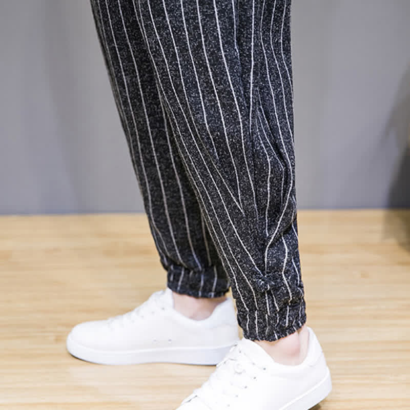 Buddha Stones 夏物カジュアル ドローストリング ストライプ クロップドパンツ メンズ ハーレムパンツ ポケット付き - image 10