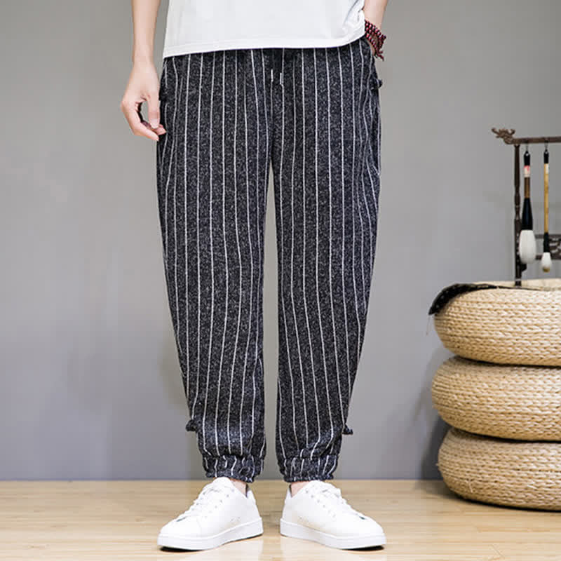 Buddha Stones 夏物カジュアル ドローストリング ストライプ クロップドパンツ メンズ ハーレムパンツ ポケット付き - image 5