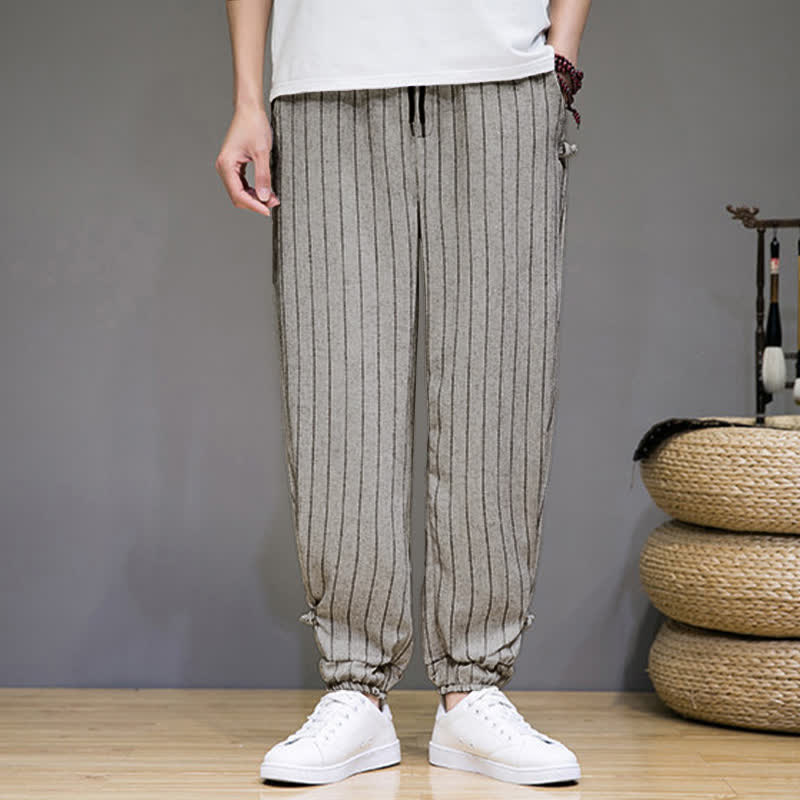 Buddha Stones 夏物カジュアル ドローストリング ストライプ クロップドパンツ メンズ ハーレムパンツ ポケット付き - image 21