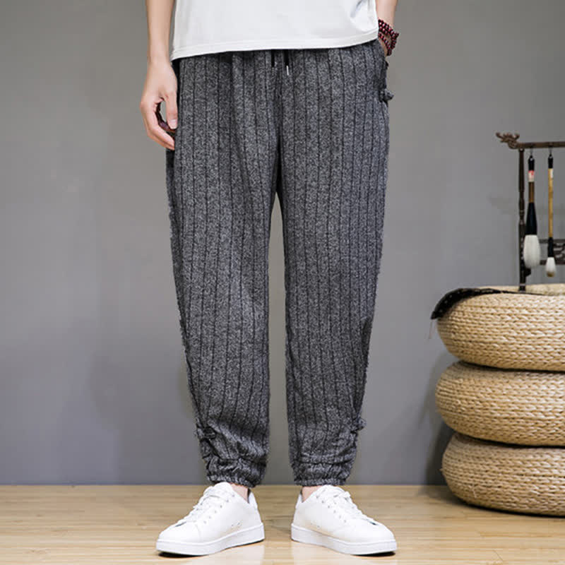 Buddha Stones 夏物カジュアル ドローストリング ストライプ クロップドパンツ メンズ ハーレムパンツ ポケット付き - image 16