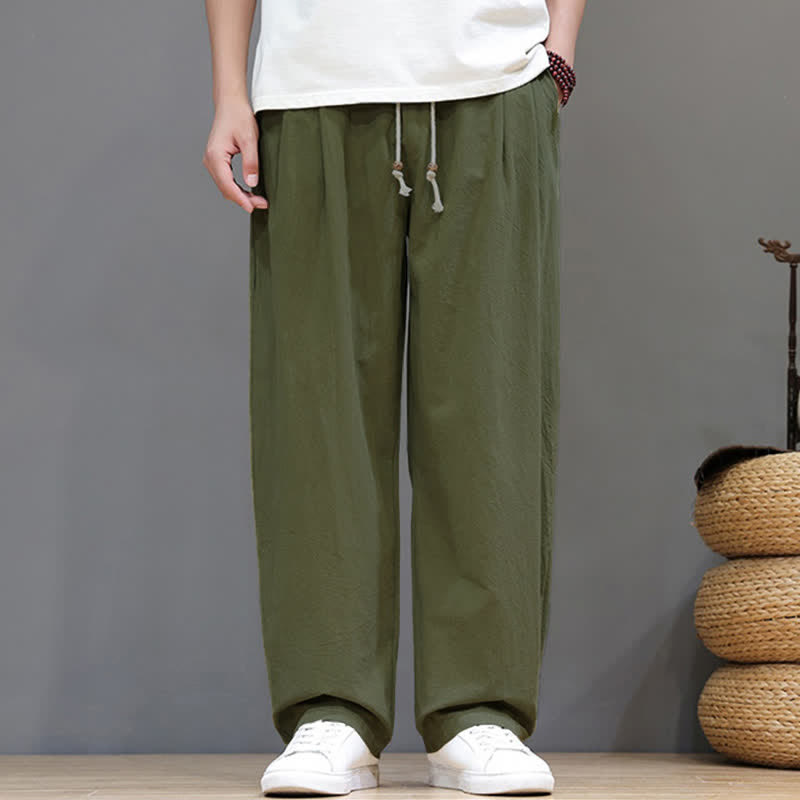 Buddha Stones 夏物カジュアルヴィンテージドローストリング無地コットンアンクルパンツメンズハーレムパンツポケット付き - image 1