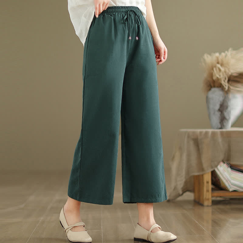Buddha Stones 夏物カジュアルミニマリストドローストリング無地コットンクロップドパンツレディースワイドレッグパンツポケット付き - image 1