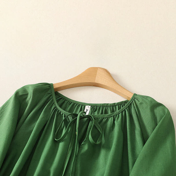 Buddha Stones 夏物 ボヘミアン風 ドローストリング クルーネック 無地 レディース 長袖シャツ - image 2