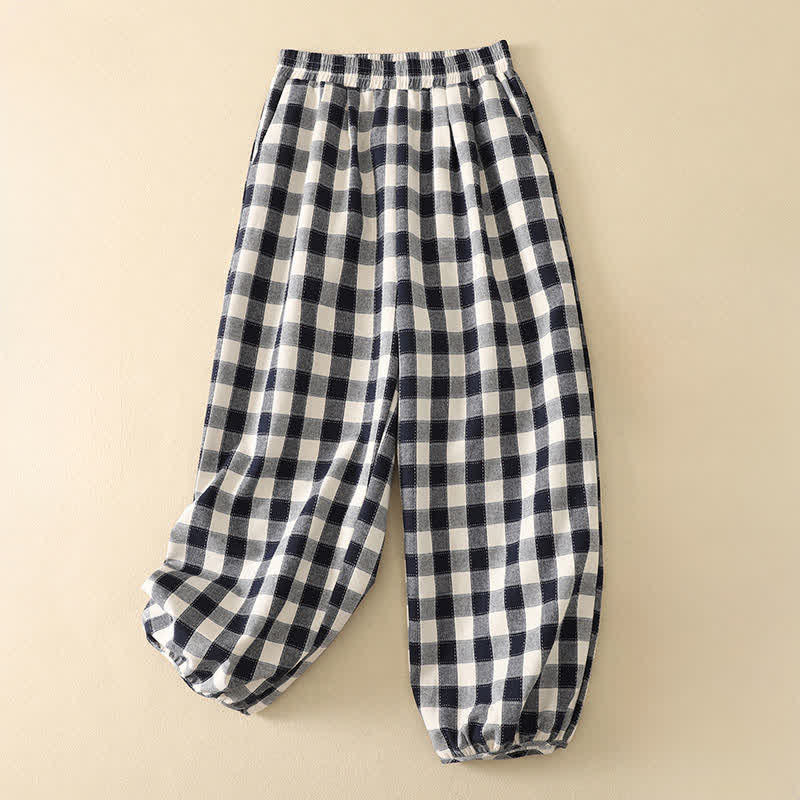 Buddha Stones 夏のカジュアルクラシックチェック柄クロップドパンツ レディース ハーレムパンツ ポケット付き - 海軍 - US8-10, UK/AU12-14, EU40-42 （2XL） - image 8