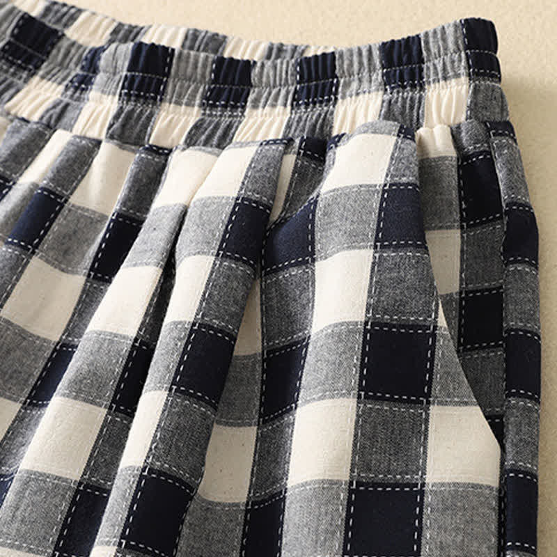 Buddha Stones 夏のカジュアルクラシックチェック柄クロップドパンツ レディース ハーレムパンツ ポケット付き - image 10