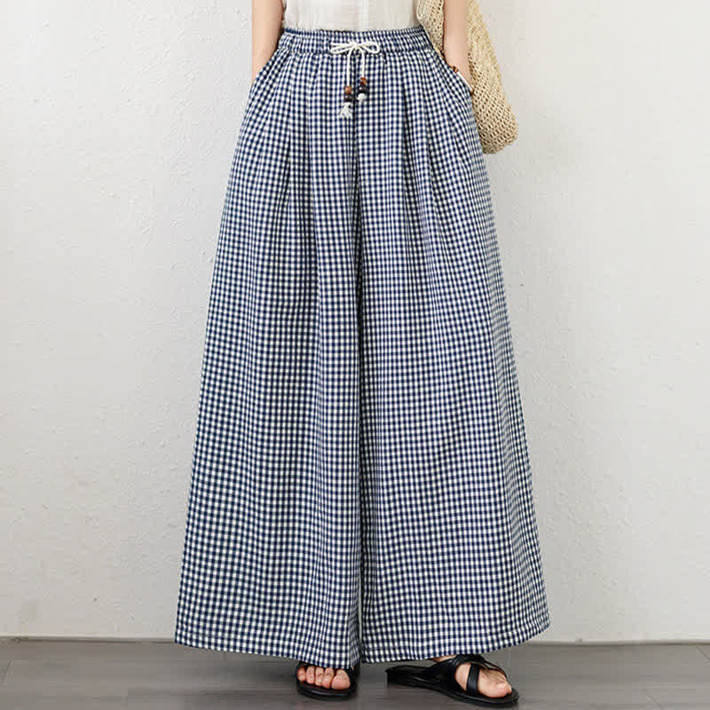 Buddha Stones 夏物カジュアルドローストリング小柄チェック柄アンクルパンツレディースワイドレッグパンツポケット付き - image 3