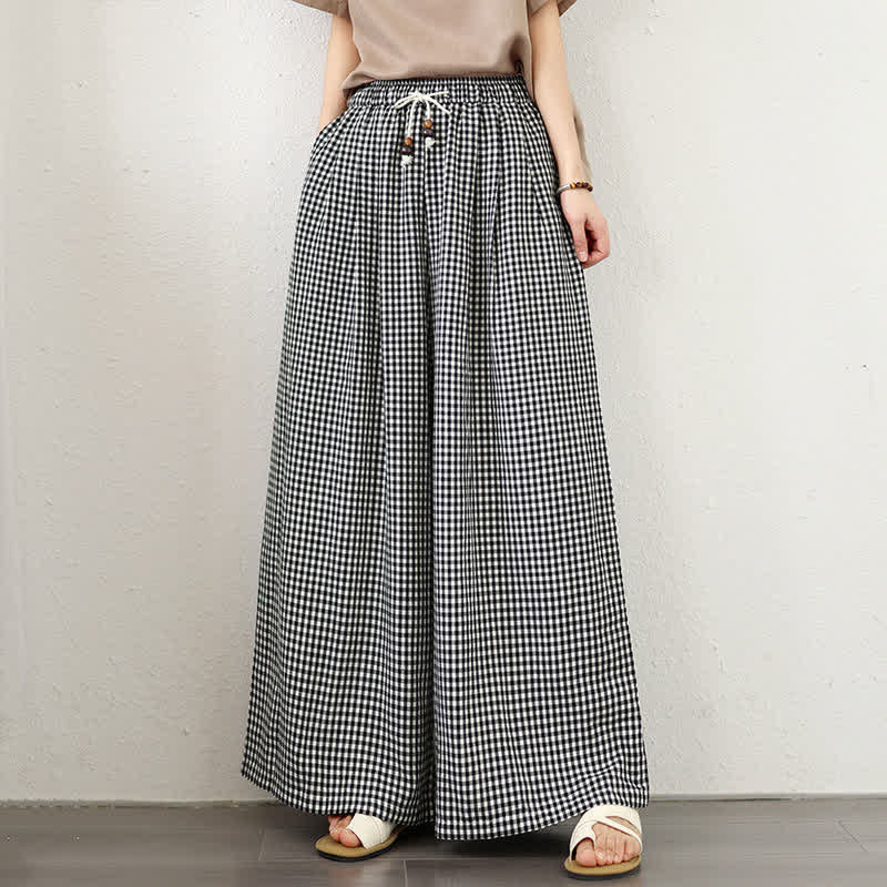Buddha Stones 夏物カジュアルドローストリング小柄チェック柄アンクルパンツレディースワイドレッグパンツポケット付き - image 10