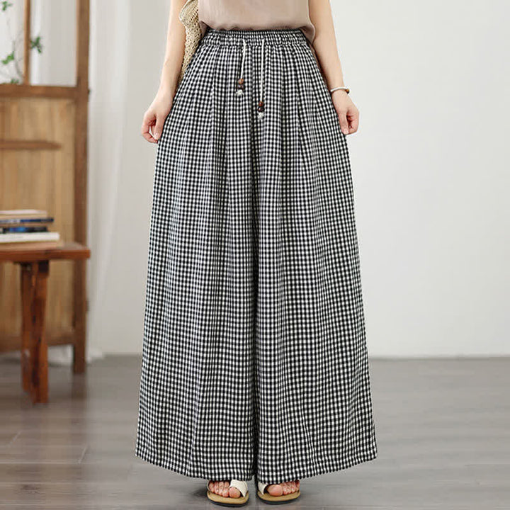 Buddha Stones 夏物カジュアルドローストリング小柄チェック柄アンクルパンツレディースワイドレッグパンツポケット付き - image 12