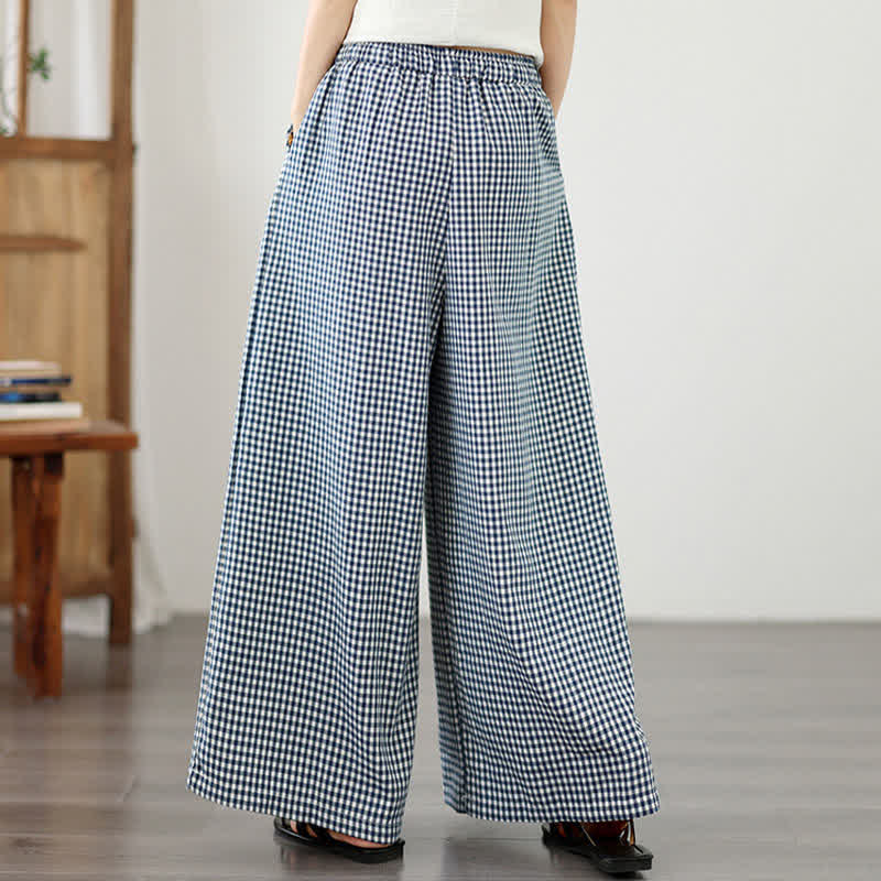 Buddha Stones 夏物カジュアルドローストリング小柄チェック柄アンクルパンツレディースワイドレッグパンツポケット付き - image 4