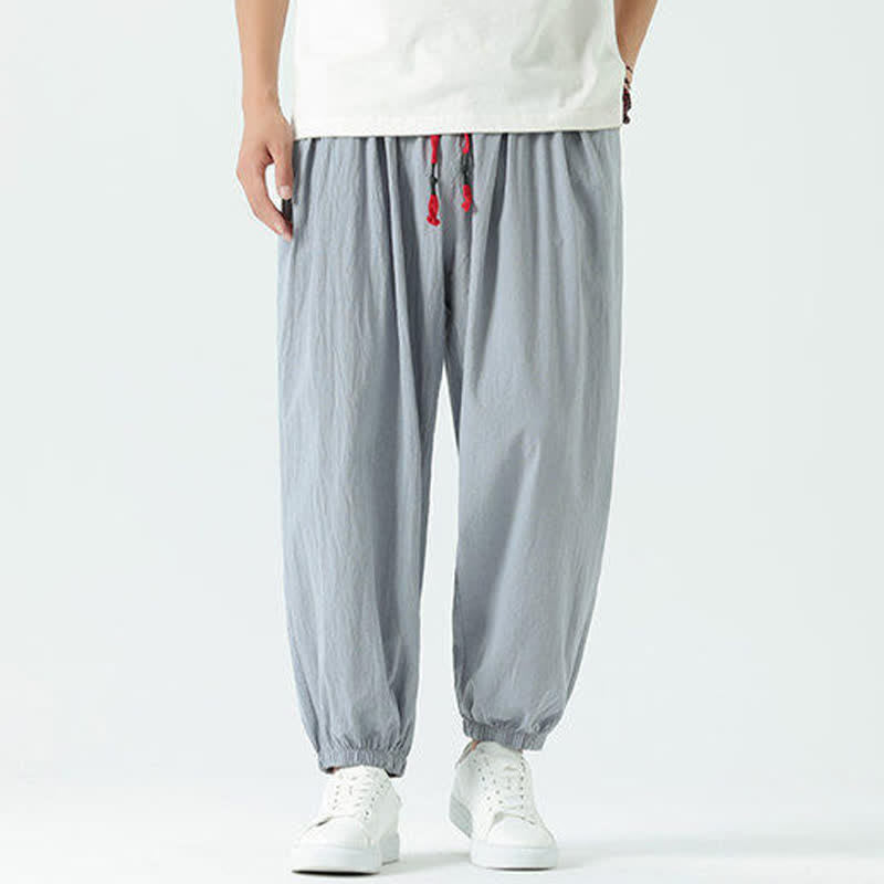 Buddha Stones 夏物カジュアルボヘミアンドローストリング無地コットンクロップドパンツメンズハーレムパンツポケット付き - image 3