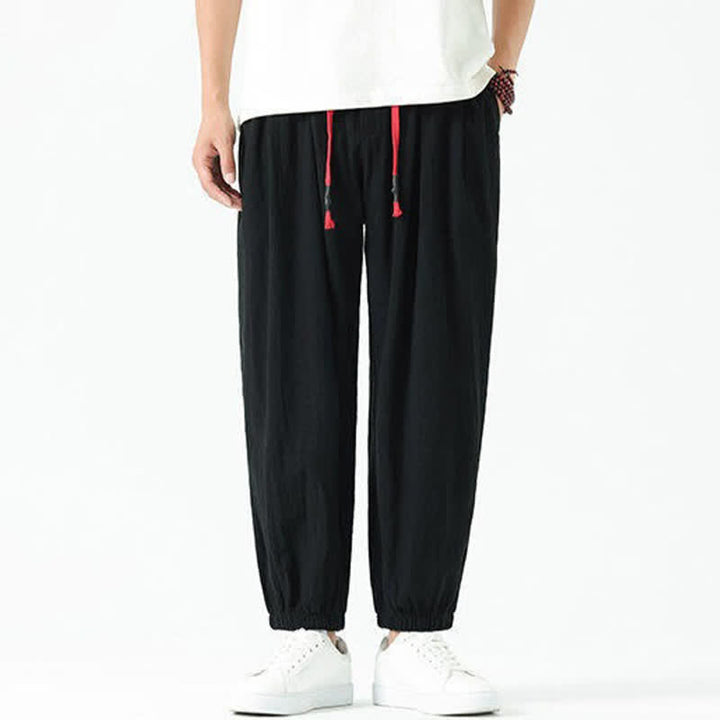 Buddha Stones 夏物カジュアルボヘミアンドローストリング無地コットンクロップドパンツメンズハーレムパンツポケット付き - image 15